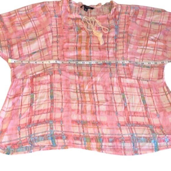 Zac & Rachel Womens Pink Plaid Sheer Peasant Blouse XL - Picture 11 of 11